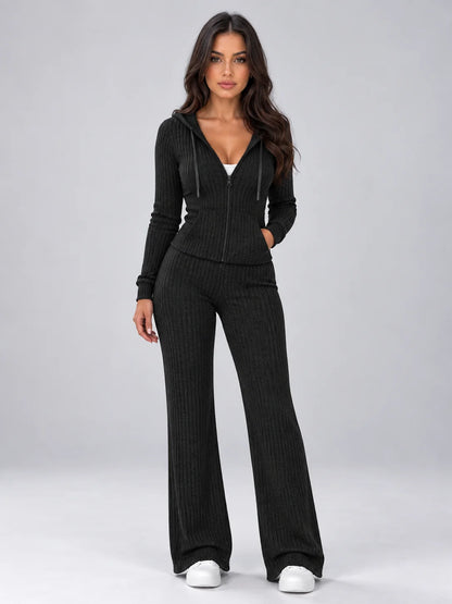 Trousers Women - Hooded Ribbed Knit Co-Ord Set
