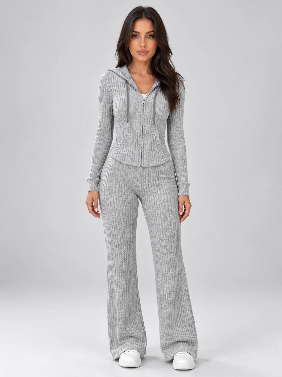 Trousers Women - Hooded Ribbed Knit Co-Ord Set