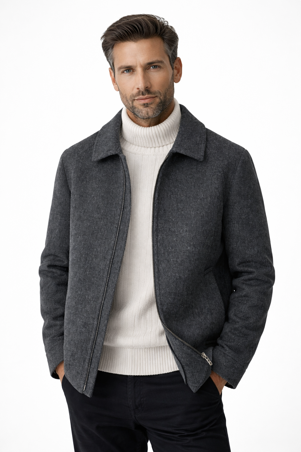 Jacket Men - Wool Blend Jacket with Zip Front
