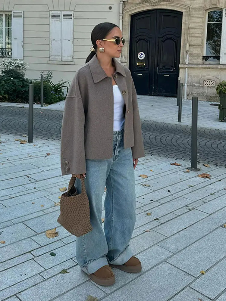 Jacket Women - Wool Blend Jacket with Button Front