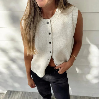 Vest Women - Knit Button Front Vest with Ribbed Trim