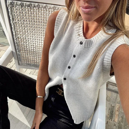 Vest Women - Knit Button Front Vest with Ribbed Trim