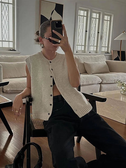 Vest Women - Knit Button Front Vest with Ribbed Trim