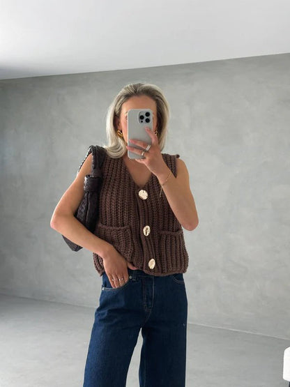 Vest Women - Textured Knit Vest with Button Front