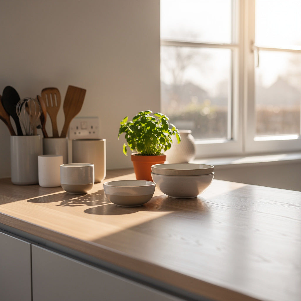 Kitchen utensils on an oak counter