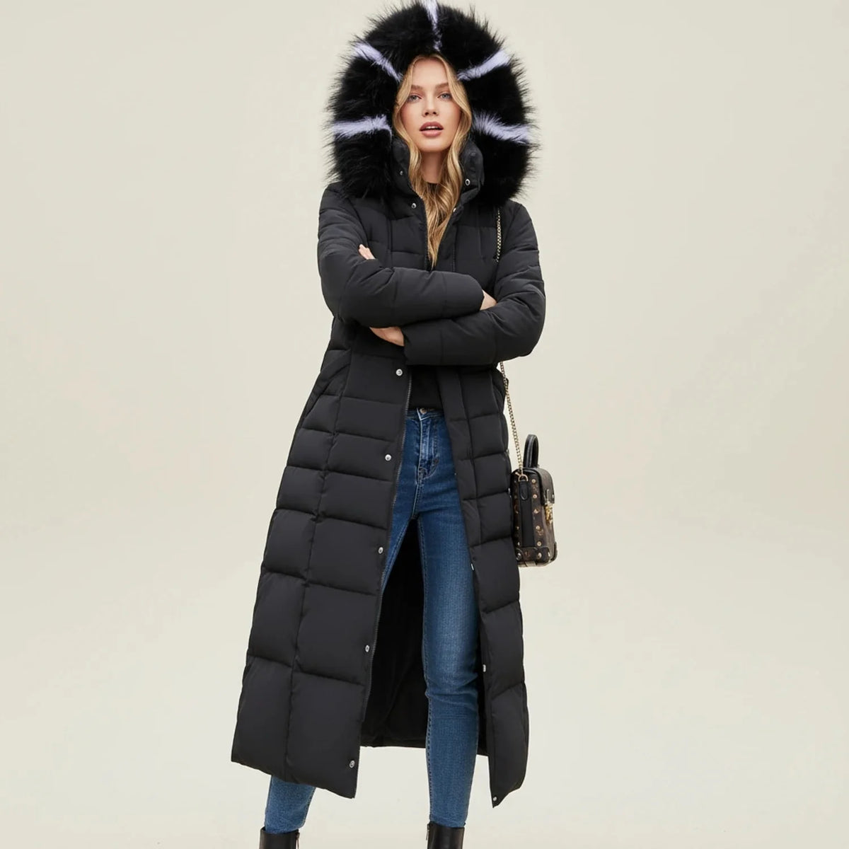 Winter Coat Women - Quilted Puffer with Faux Fur Hood