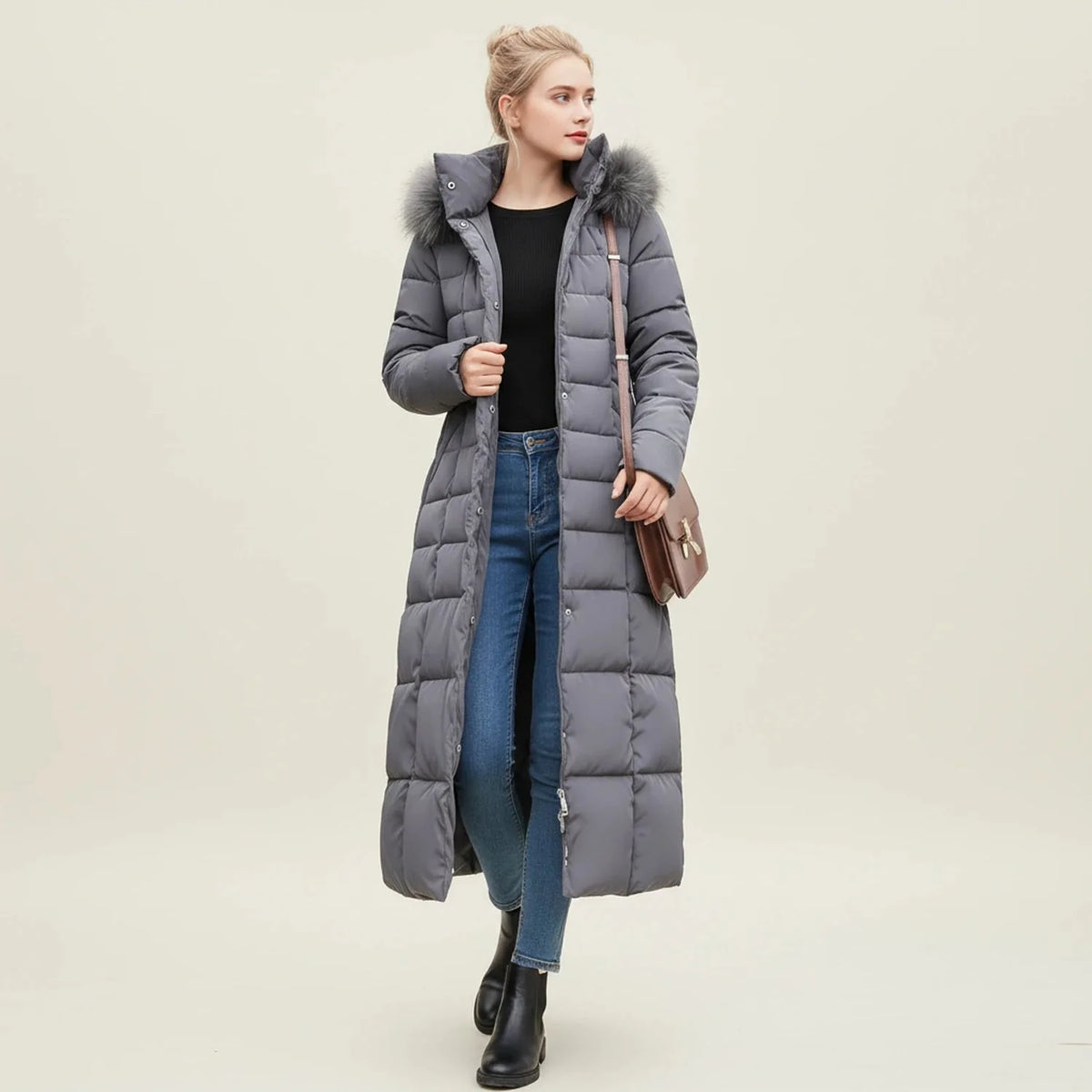 Winter Coat Women - Quilted Puffer with Faux Fur Hood