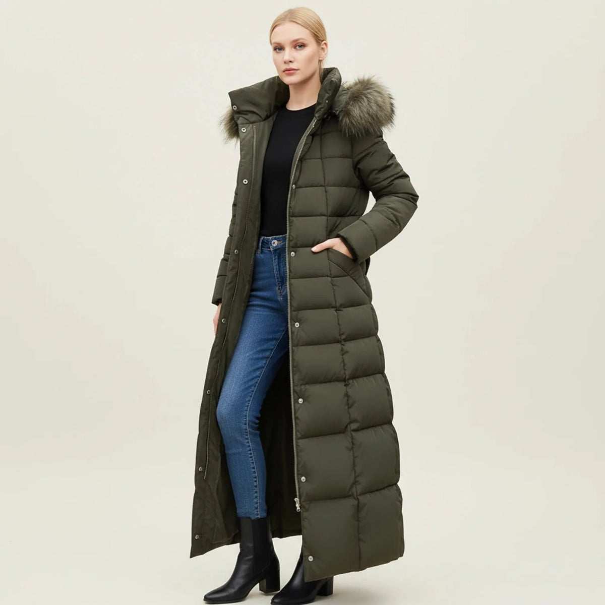 Winter Coat Women - Quilted Puffer with Faux Fur Hood