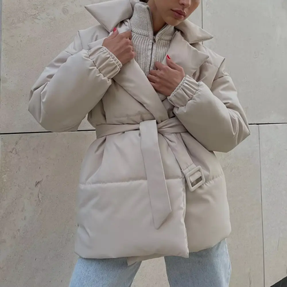 Jacket Women - Belted Puffer Jacket with Wrap Collar