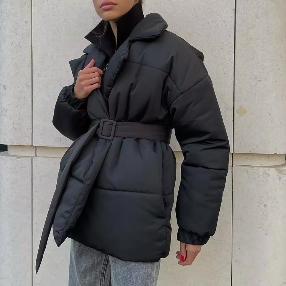 Jacket Women - Belted Puffer Jacket with Wrap Collar