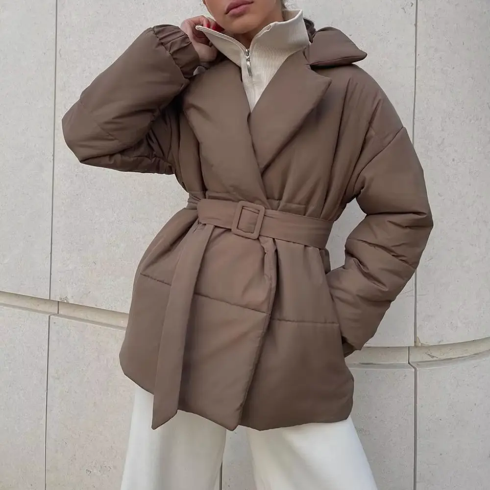 Jacket Women - Belted Puffer Jacket with Wrap Collar