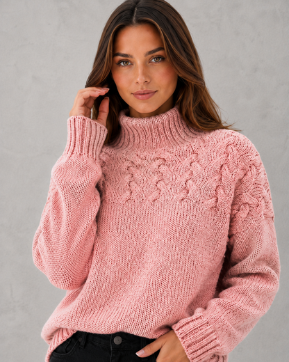 Sweater Women - Bobble Knit Roll Neck Jumper with Ribbed Cuffs