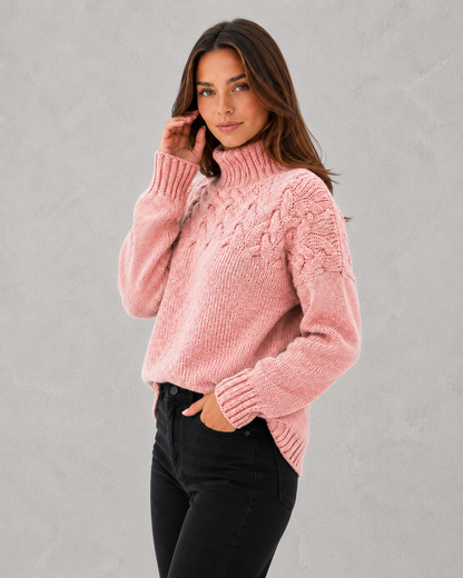 Sweater Women - Bobble Knit Roll Neck Jumper with Ribbed Cuffs