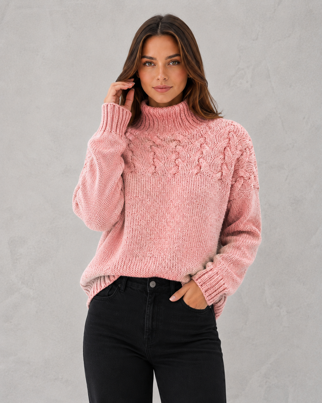 Sweater Women - Bobble Knit Roll Neck Jumper with Ribbed Cuffs