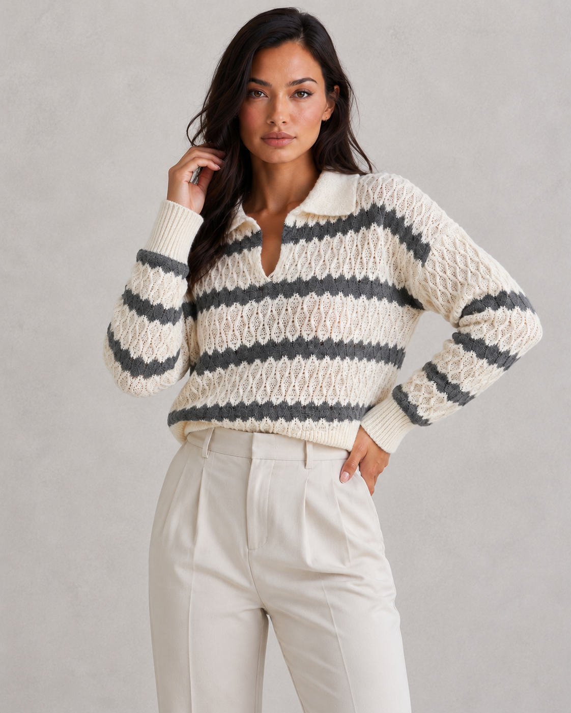 Sweater Women - Striped Polo Collar Jumper with Drop Shoulder