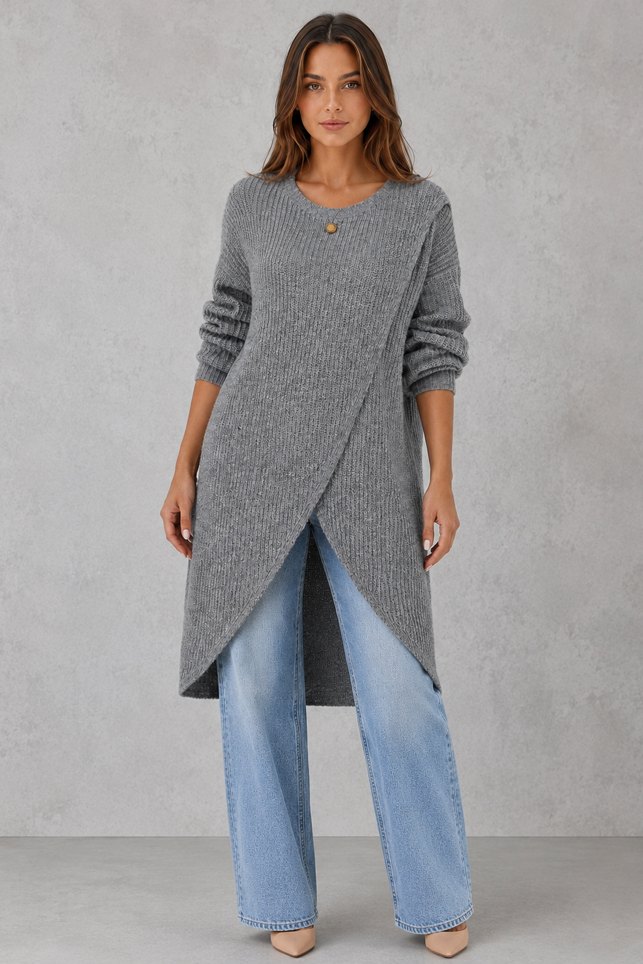 Sweater Women - Longline Wrap Jumper with Asymmetric Hem