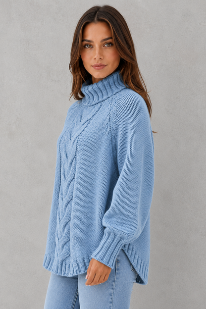 Sweater Women - Chunky Cable Roll Neck Jumper with Curved Hem