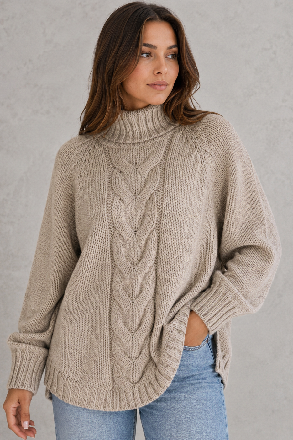 Sweater Women - Chunky Cable Roll Neck Jumper with Curved Hem