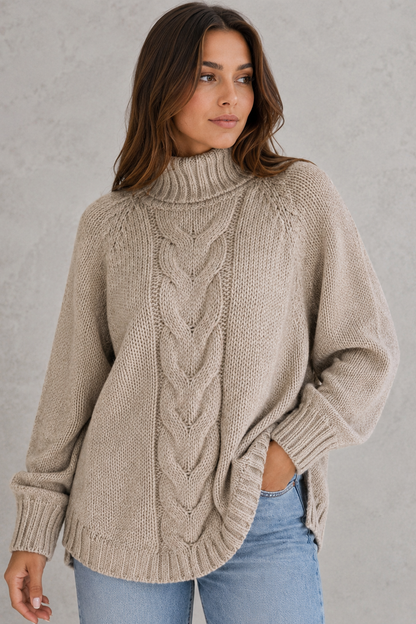 Sweater Women - Chunky Cable Roll Neck Jumper with Curved Hem