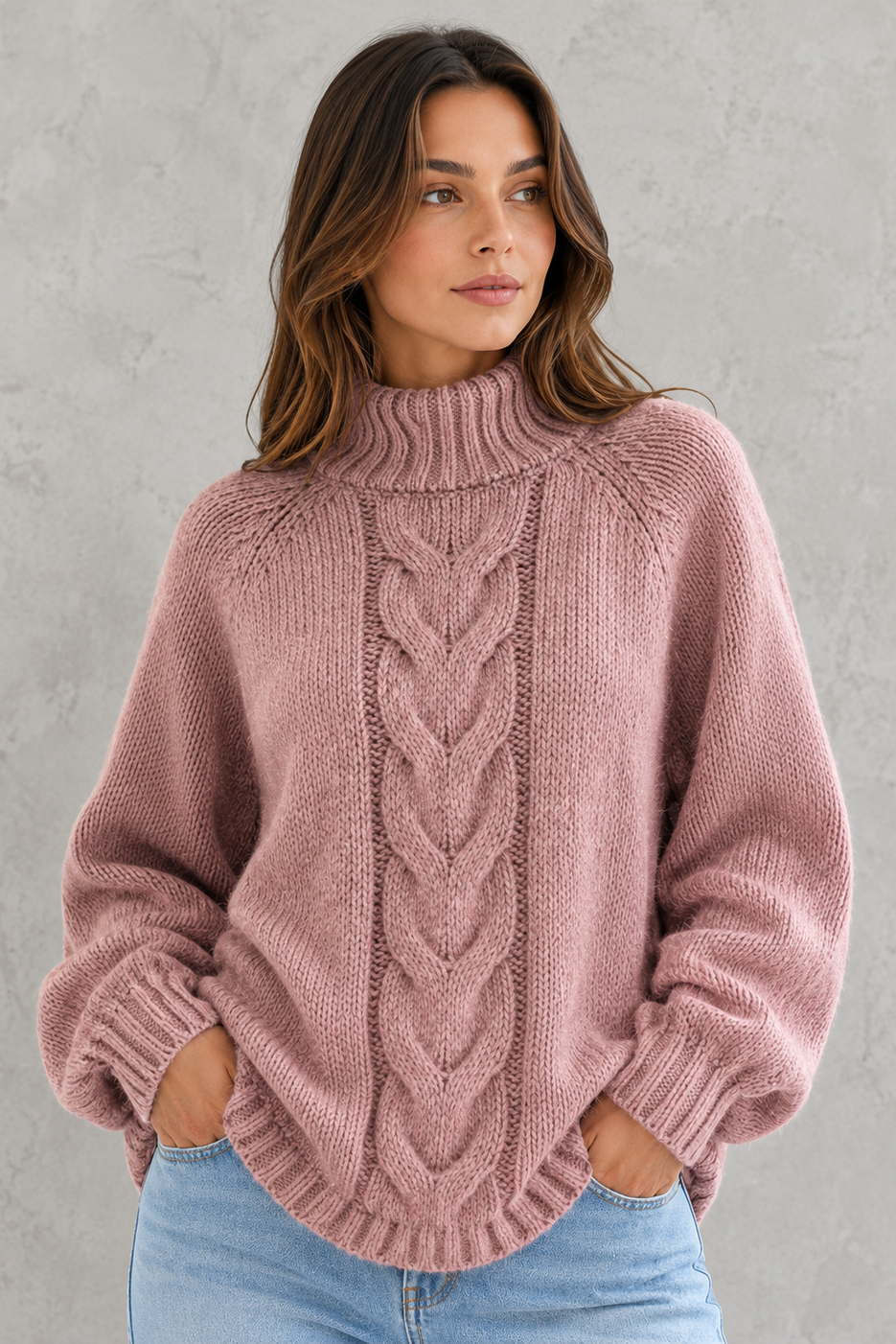 Sweater Women - Chunky Cable Roll Neck Jumper with Curved Hem