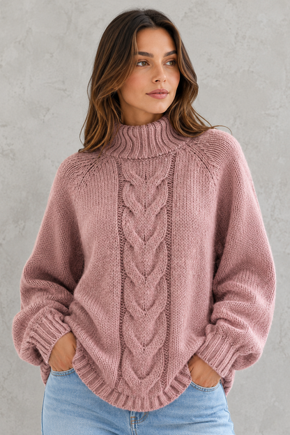 Sweater Women - Chunky Cable Roll Neck Jumper with Curved Hem
