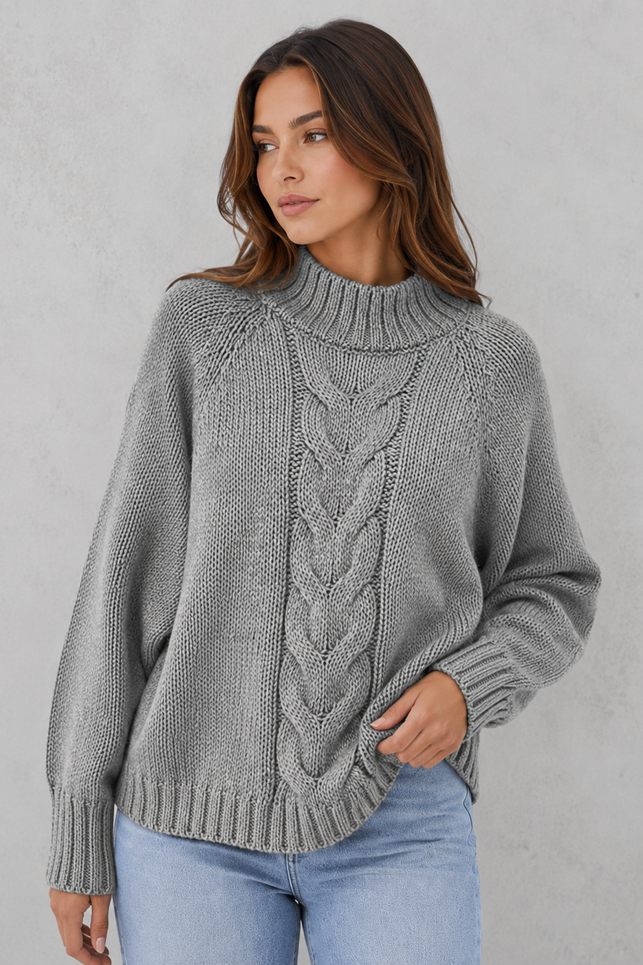 Sweater Women - Chunky Cable Roll Neck Jumper with Curved Hem