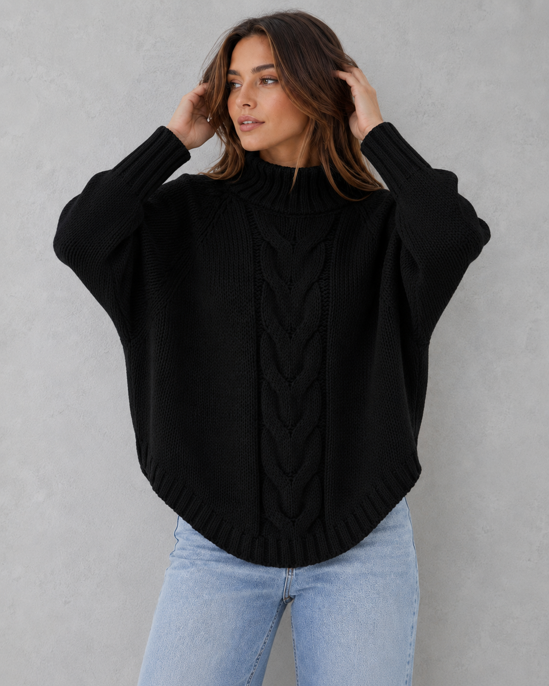 Sweater Women - Chunky Cable Roll Neck Jumper with Curved Hem
