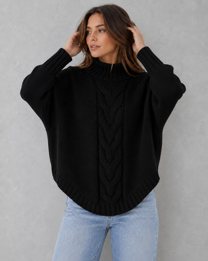 Sweater Women - Chunky Cable Roll Neck Jumper with Curved Hem