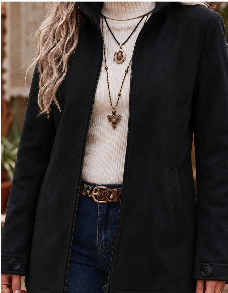 Jacket Women - Textured Fleece Jacket with Stand Collar