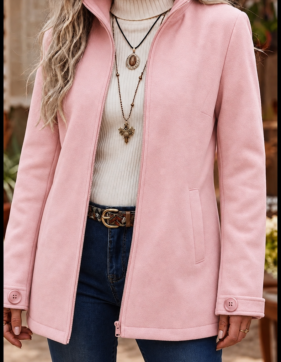 Jacket Women - Textured Fleece Jacket with Stand Collar