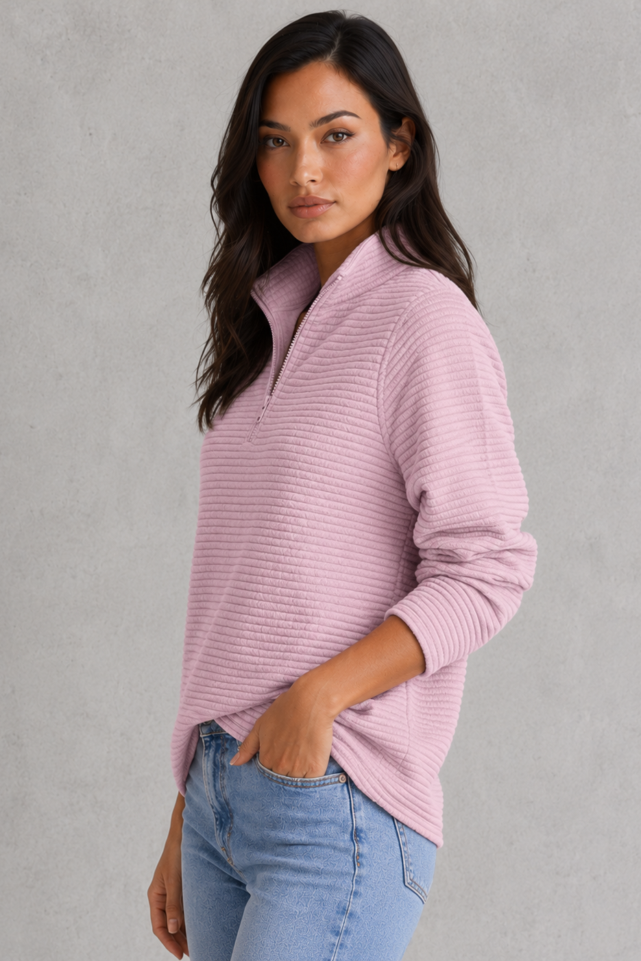 Sweater Women - Half Zip Jumper with Ribbed Funnel Neck