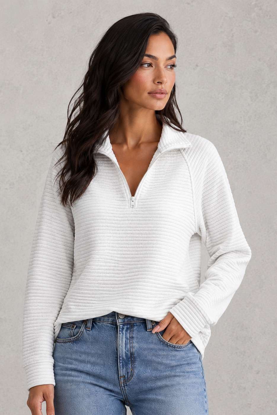 Sweater Women - Half Zip Jumper with Ribbed Funnel Neck