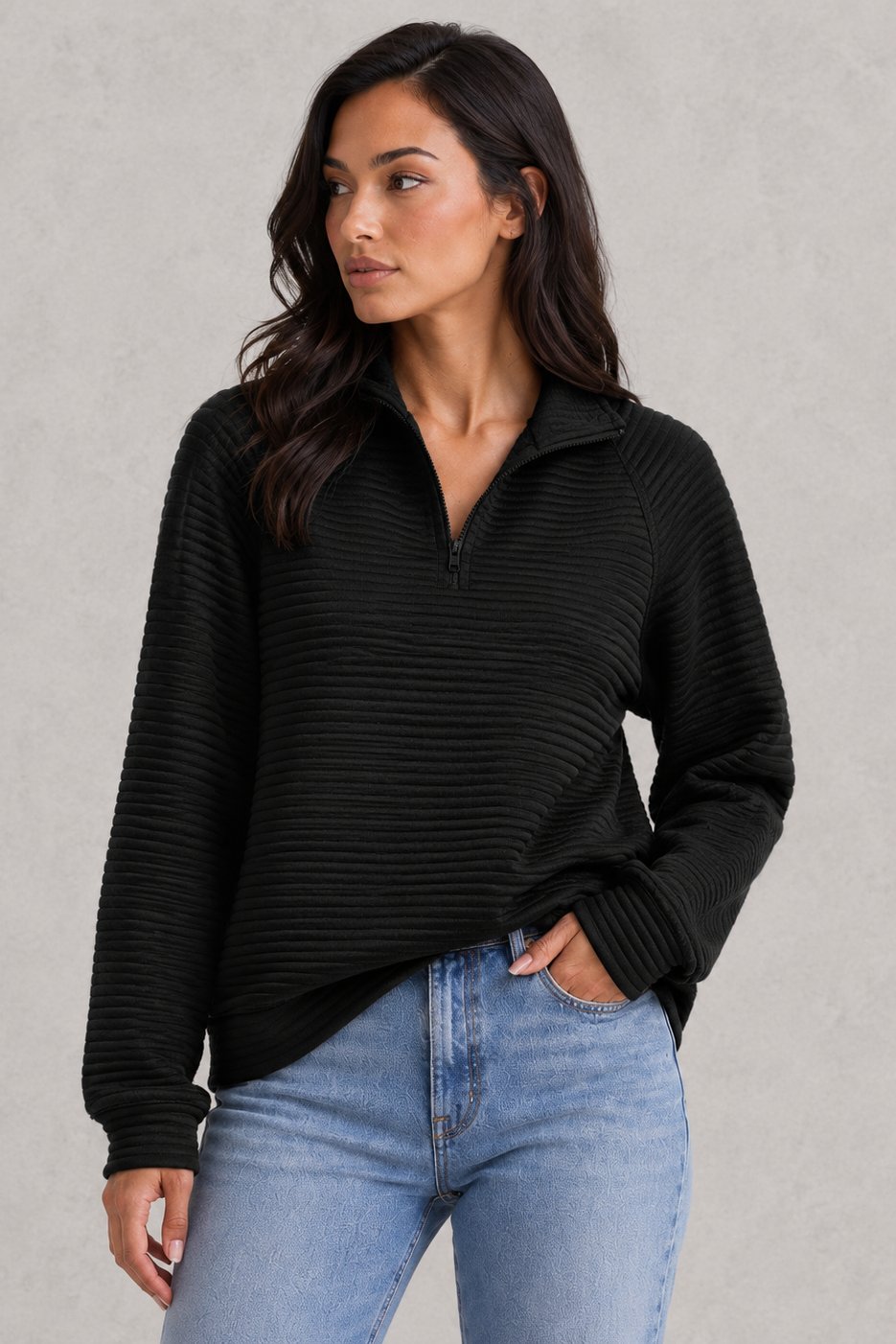 Sweater Women - Half Zip Jumper with Ribbed Funnel Neck