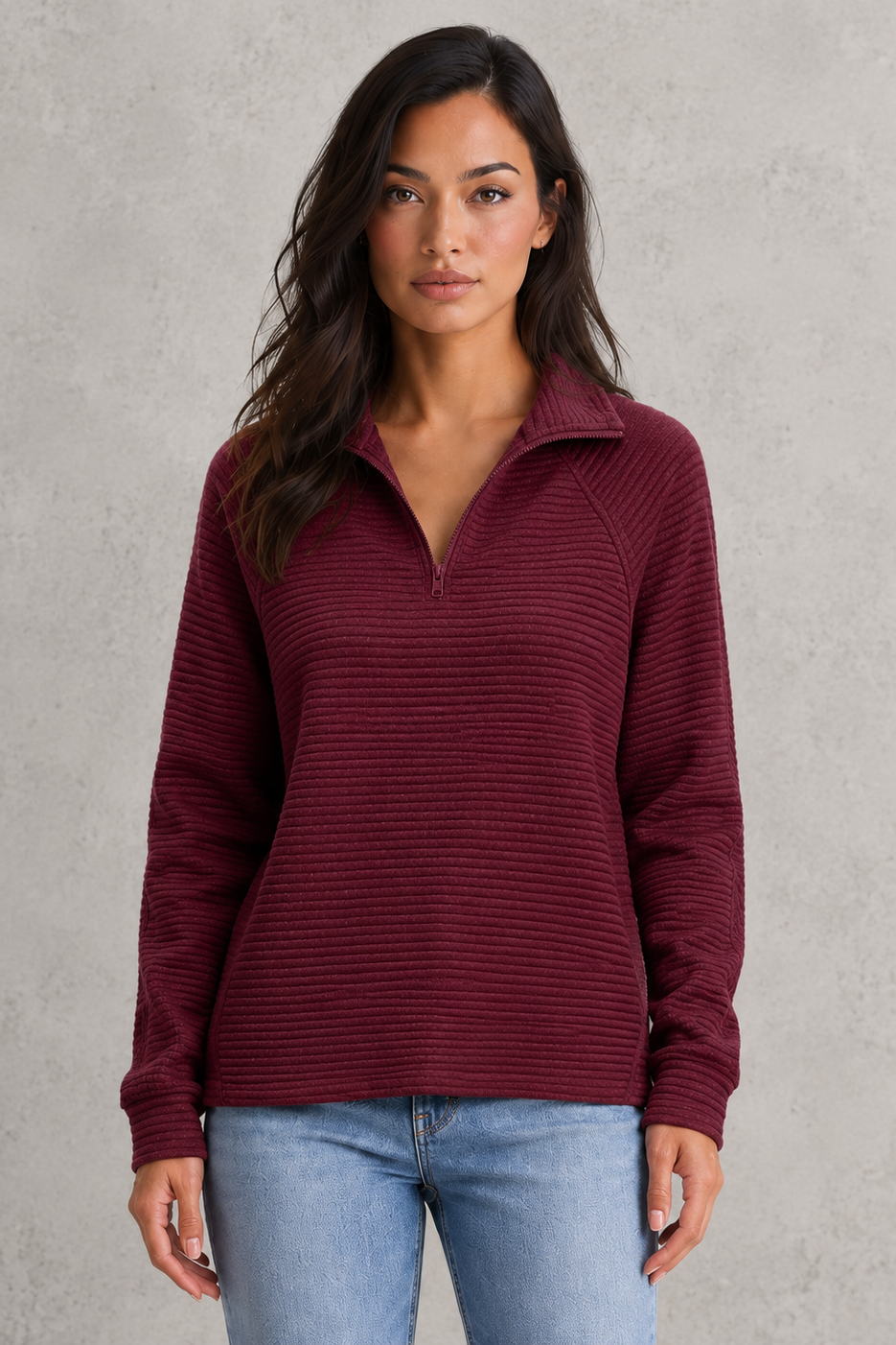 Sweater Women - Half Zip Jumper with Ribbed Funnel Neck