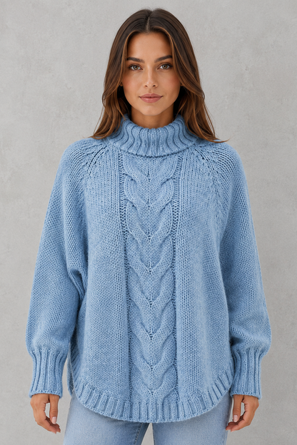 Sweater Women - Chunky Cable Roll Neck Jumper with Curved Hem