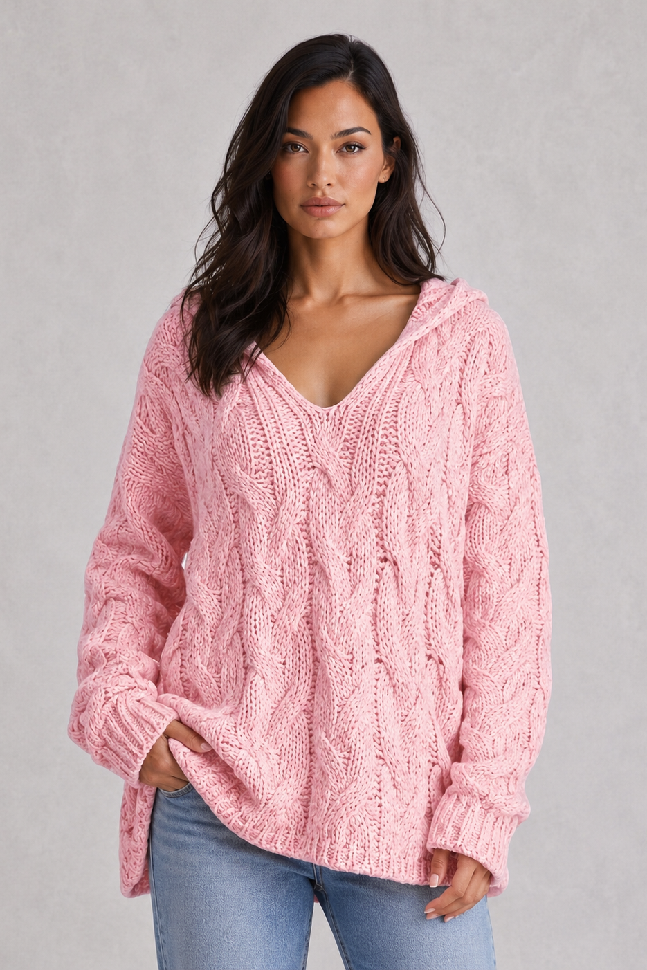 Hoodie Women - Cable Knit Hoodie with V-Neck