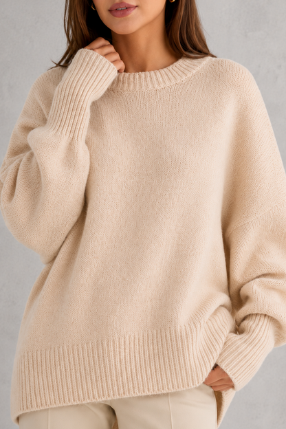 Sweater Women - Oversized Crew Neck Jumper with Asymmetric Hem