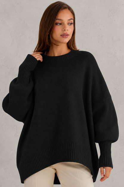 Sweater Women - Oversized Crew Neck Jumper with Asymmetric Hem