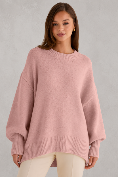 Sweater Women - Oversized Crew Neck Jumper with Asymmetric Hem