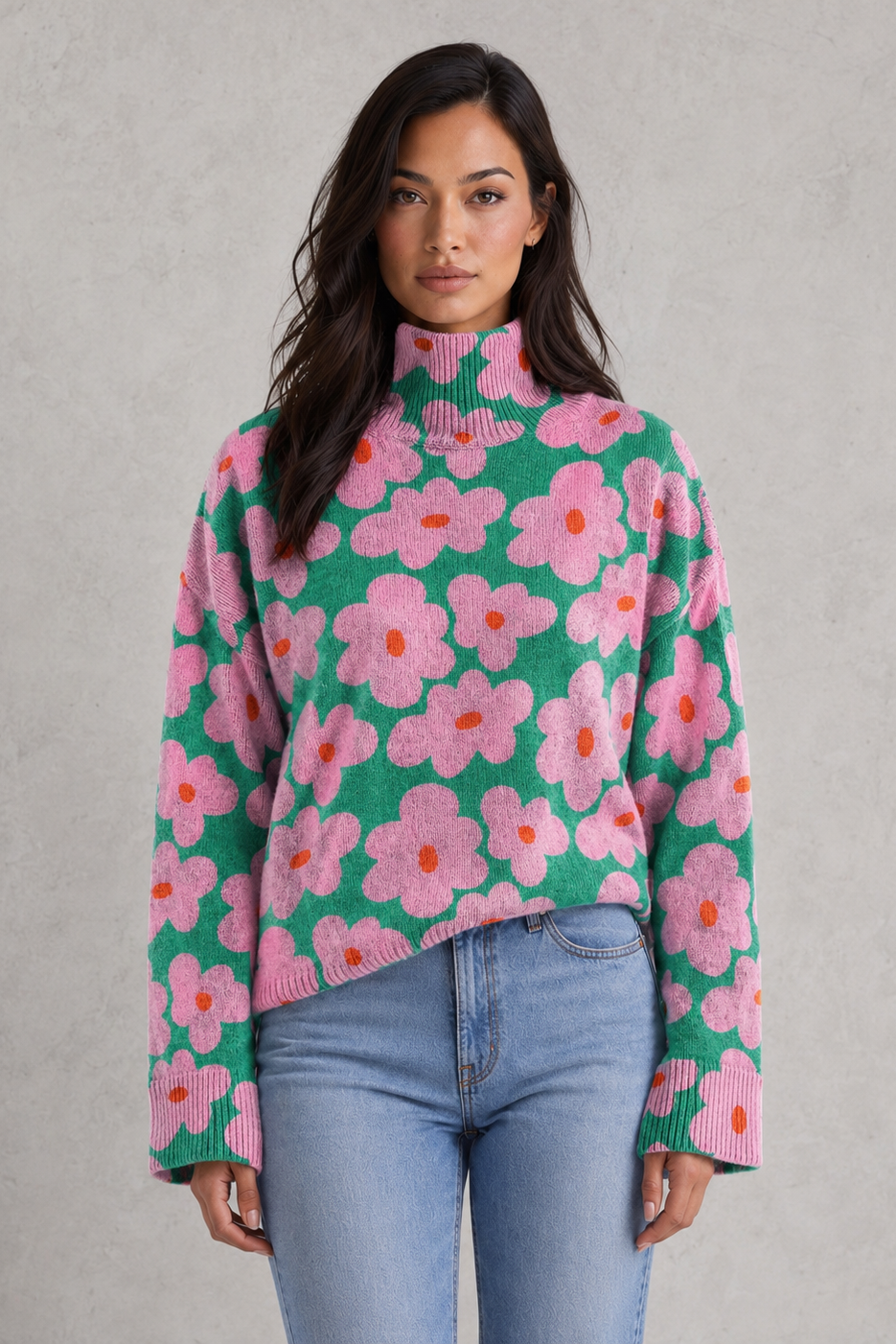 Sweater Women - Floral Print Jumper with Mock Neck