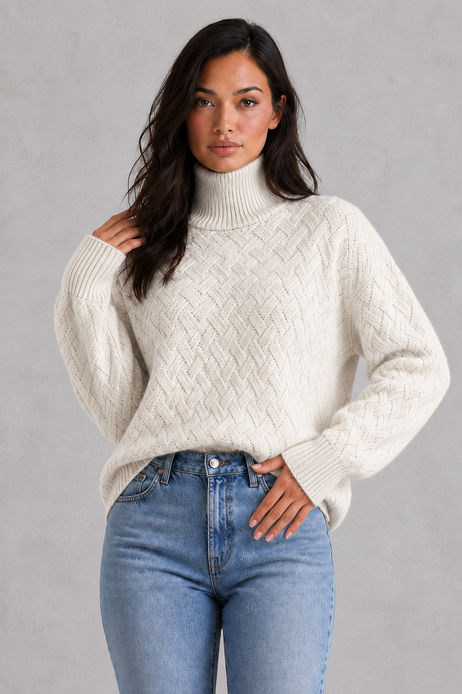 Sweater Women - Soft Knit Roll Neck Jumper with Textured Finish