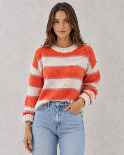 Sweater Women - Wide Stripe Jumper with Ribbed Crew Neck