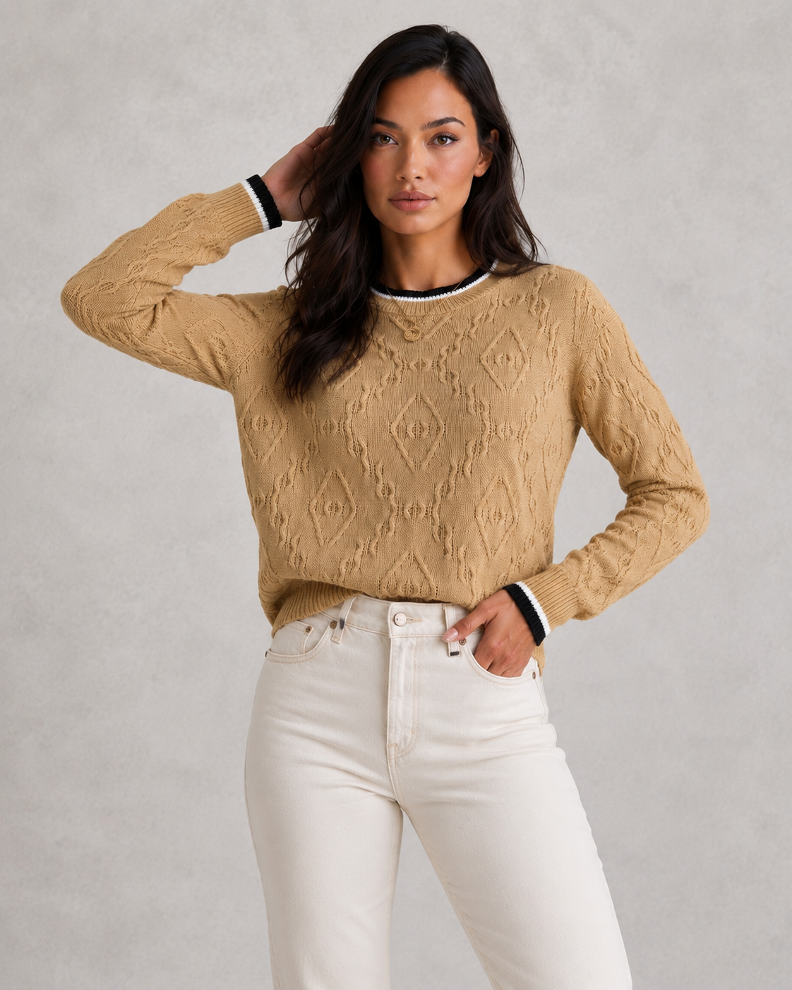 Sweater Women - Diamond Knit Jumper with Contrast Tipping