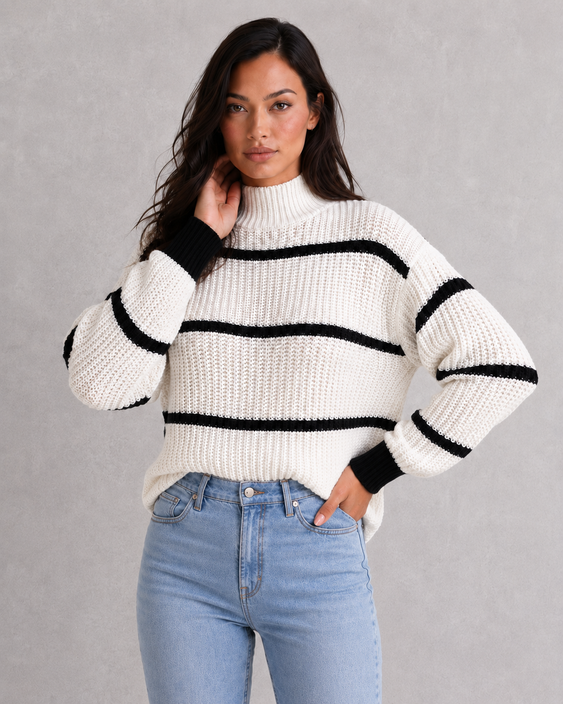 Sweater Women - Striped Mock Neck Jumper with Lantern Sleeves