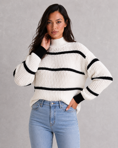 Sweater Women - Striped Mock Neck Jumper with Lantern Sleeves