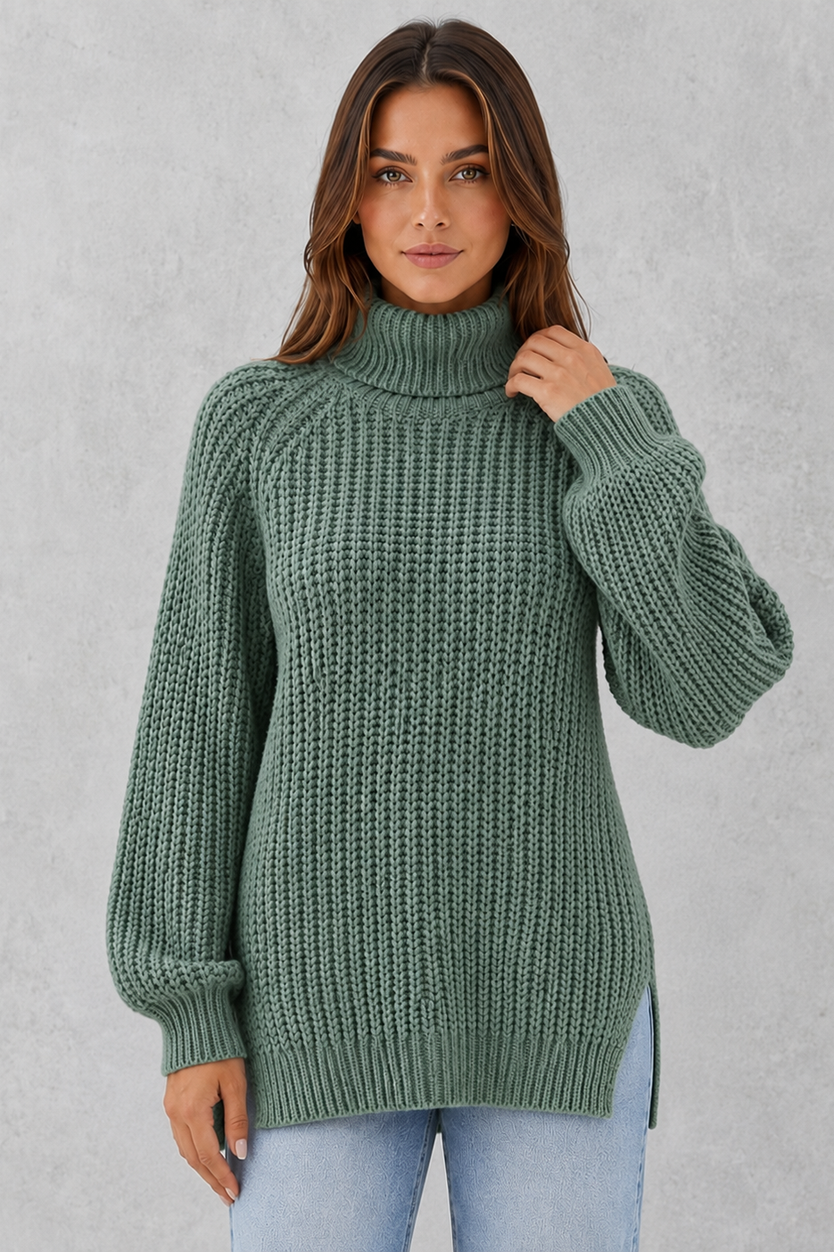 Sweater Women - Ribbed Roll Neck Jumper with Side Splits