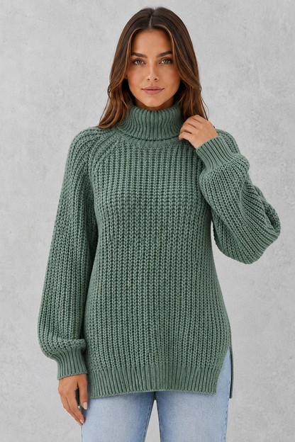 Sweater Women - Ribbed Roll Neck Jumper with Side Splits
