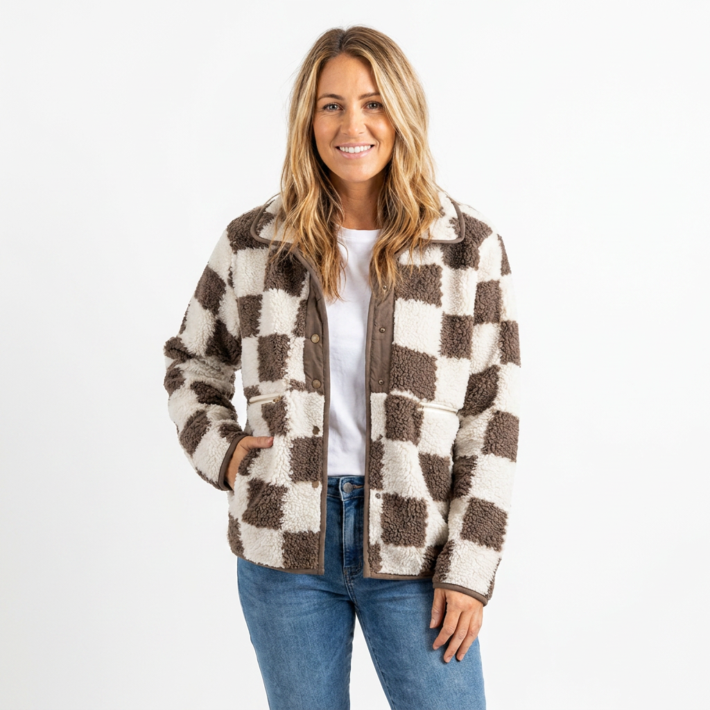 Jacket Women - Checkerboard Fleece Jacket with Zip Front