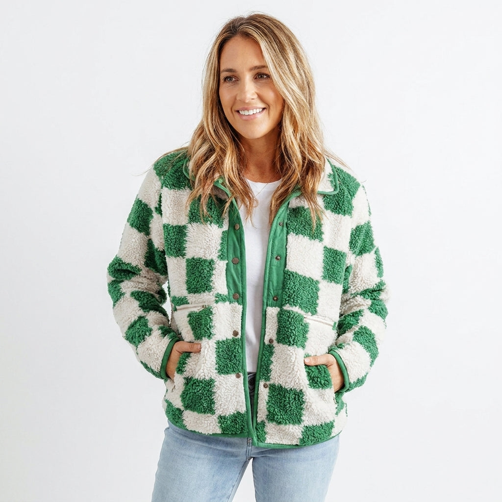 Jacket Women - Checkerboard Fleece Jacket with Zip Front