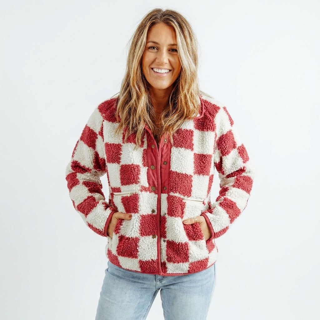 Jacket Women - Checkerboard Fleece Jacket with Zip Front